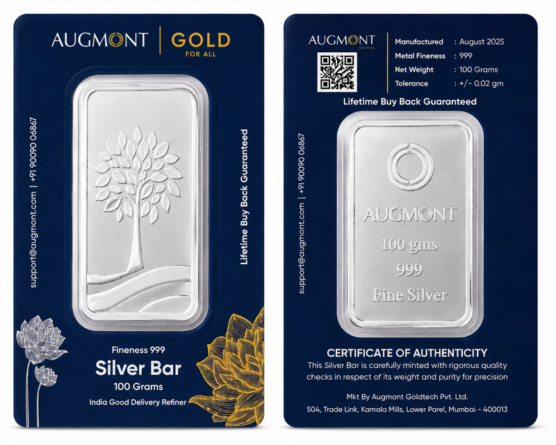 Augmont 100 Gram Silver Bar— 999 Fine